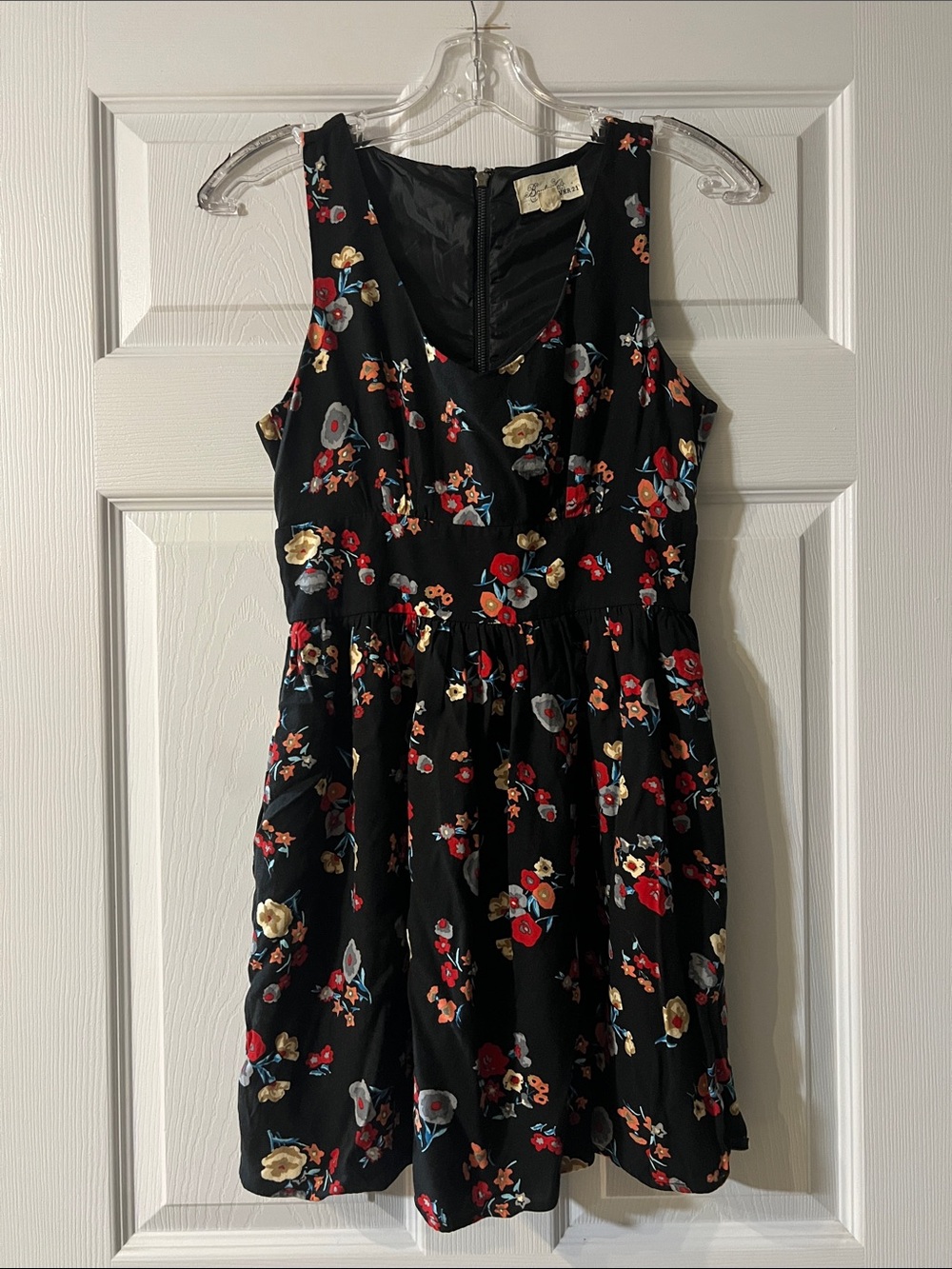 Forever 21 Black Floral V-Neck Mini Dress with Red, Cream & Blue Accents